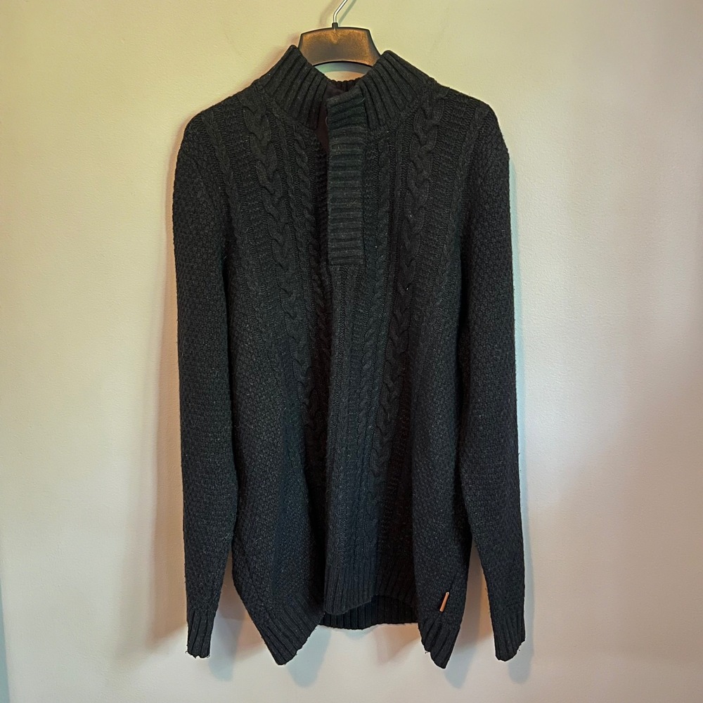 FatFace Mens XXL Charcoal Grey Wool Blend Cable Knit Fisherman Button Sweater